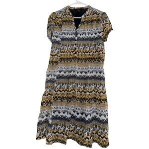 Robert Louis Womens L Mustard & Ivory Geometric Print Button-Front Midi Dress